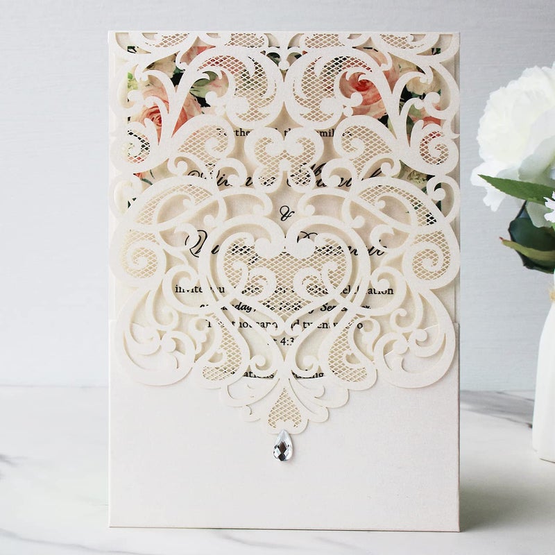 Hosmsua 50PCS White Wedding Invitations Kit 5 x 7.3 Inch Laser Cut Hollow Rose Rhinestone Pocket with Envelope for Quinceanera Bridal Shower Invite (White Ivory) - Image 3